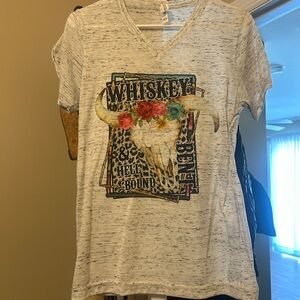 Graphic V-Neck T-Shirt with Skull and Floral Design